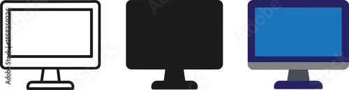 Computer monitor icons set outline, solid, and color