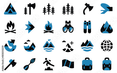 A set of black and blue icons in a glyph or solid style representing various outdoor activities and equipment