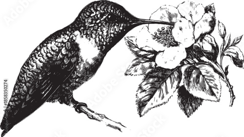 Hummingbird feeding on a flower in a detailed black and white sketch style. Original vector illustration showcasing nature.