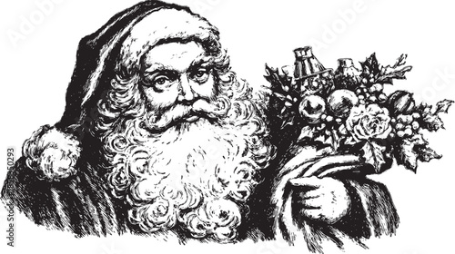 Santa Claus illustration in black and white vintage engraving style, featuring a bouquet of holiday decorations. This traditional vector set captures the festive spirit.