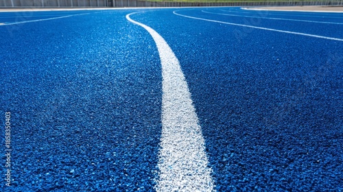 Close-up perspective of a vibrant blue running track with a white stripe dividing the lanes. The track curves gently into the distance