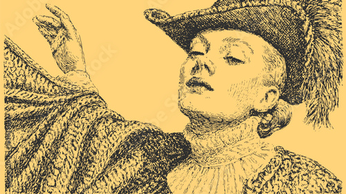 Classic woman portrait in vintage style. Elegant vector illustration with detailed line work, showcasing expressive fashion and headwear.