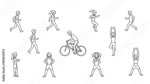 People Exercising and Cycling in Various Yoga and Fitness Poses Isolated on White