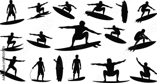 Set of black surfer silhouettes, men riding surfboards, vector illustration for summer beach water sports and ocean wave design.