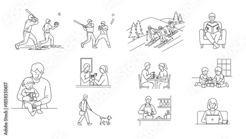 Line Art Illustrations of People Engaging in Various Activities Isolated on White