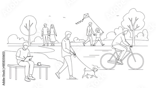 People Relaxing in Park with Dog and Bicycle during Leisure Time
