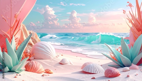 A pastel beach scene with stylized plants and seashells framing the turquoise ocean under a dreamy sky
