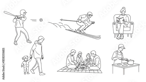 People Engaging in Various Activities like Playing Baseball, Snowboarding, and Family Gatherings in Simple Line Art Style