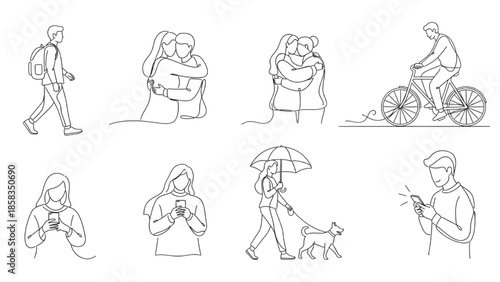 Line Drawings of People Engaging in Various Activities Isolated on White Background