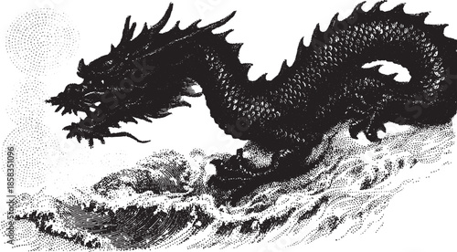 Dragon silhouette emerging from waves features scales and a bold design. This classic vector illustration embodies mythology and fantasy themes.