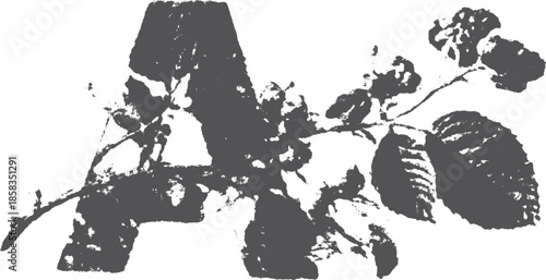 Stylized letter A with a botanical design featuring flowers and leaves in black and white. Graphic vector illustration with elegant details.