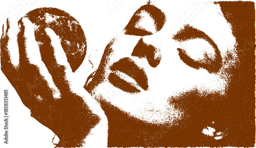 Woman holding an apple in a brown stylized illustration. Minimal and abstract vector art showcasing contemporary design and elegance.