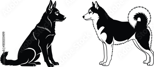 Black silhouette of German Shepherd sitting and Siberian Husky standing, vector illustration for pet logo, dog breed design, isolated.