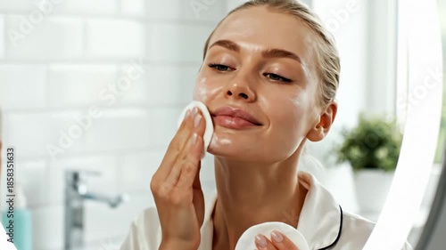 Woman Cleansing Face With Cotton Pad in Bathroom, Beauty Routine