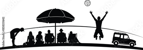 Black silhouette of people relaxing on beach under umbrella, volleyball player and car, summer vacation vector illustration for travel design.