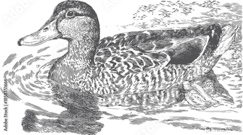 Duck swimming in water, depicted in detailed lineart style. This vector illustration showcases wildlife and nature in a concise manner.