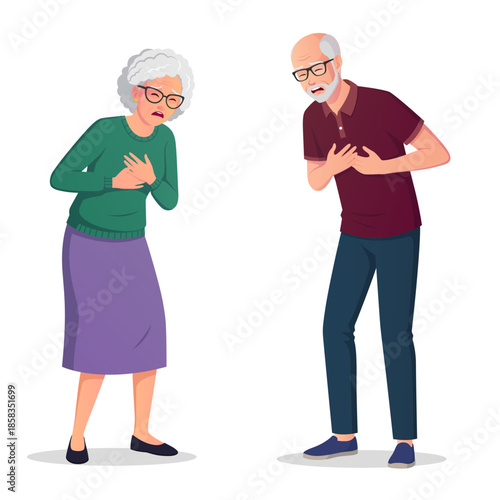 Elderly Man And Woman Having Chest Pain, Senior People Holding their chest with both hands, Heart Attack vector Illustration