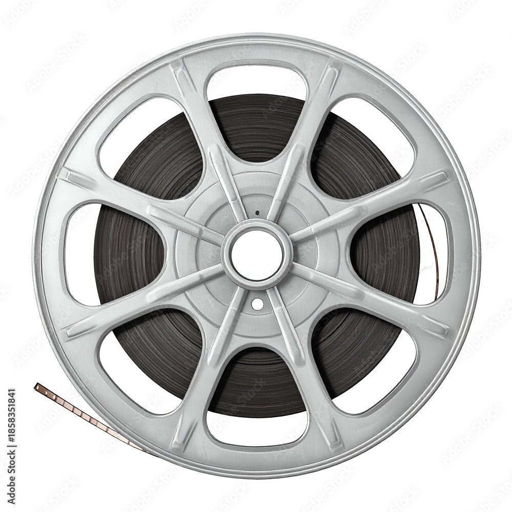 Obraz premium A 3D rendered close-up of a silver film reel with film coiled inside against a black backdrop