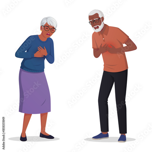 Black Elderly Man And Woman Having Chest Pain, Senior People Holding their chest with both hands, Heart Attack vector Illustration