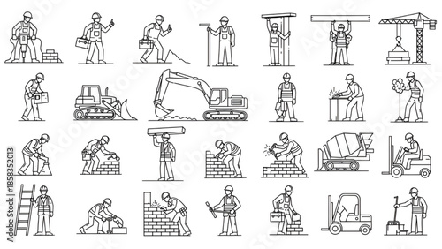 Construction Workers at Various Tasks Line Art Icons Set