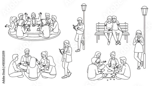 People socializing outdoors in a park with benches and street lamps in a minimalist line art style