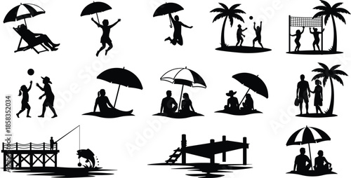 Set of black silhouettes depicting summer beach activities, people relaxing, playing volleyball and fishing, vector illustration for travel design.