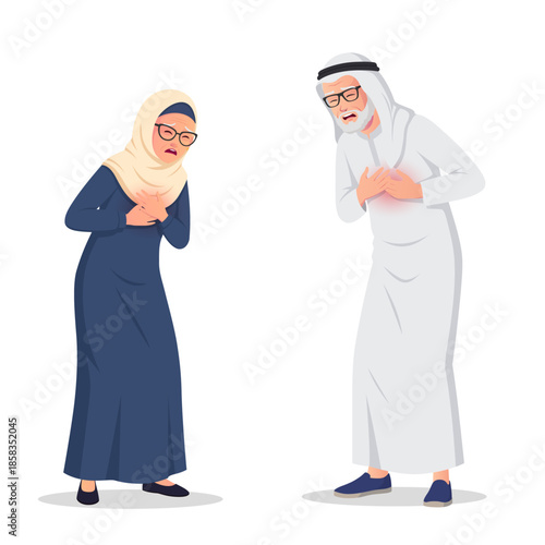 Elderly Arabic Man And Woman Having Chest Pain, Senior Muslim In Traditional Clothes People Holding their chest with both hands, Heart Attack vector Illustration