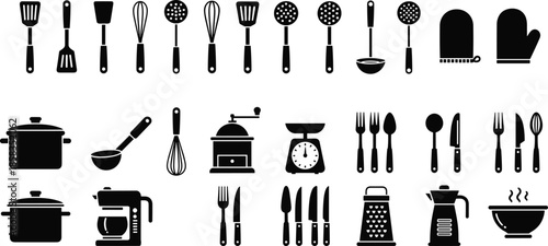 Set of black kitchen utensil silhouettes including pots, pans and cutlery, vector illustration for cooking and culinary design.
