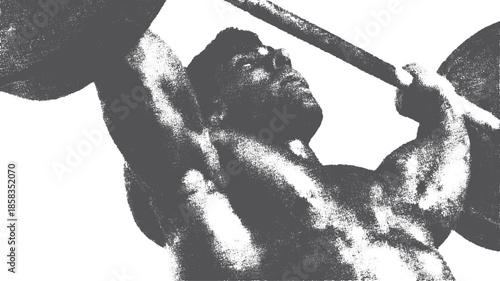 Bodybuilder lifting weights in a bold black and white vector illustration. Textured representation of physical strength and athletic dedication.