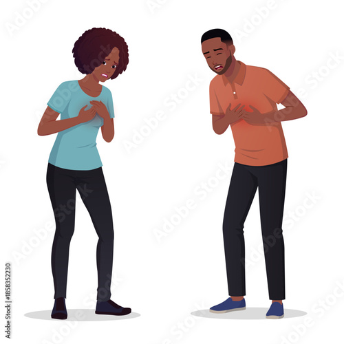 Young Black Man And Woman Having Chest Pain, People Holding their chest with both hands In Pain, Heart Attack vector Illustration