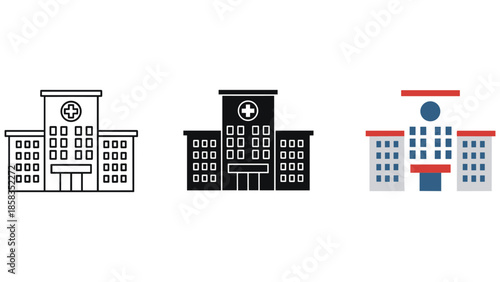 Hospital building icons in different styles