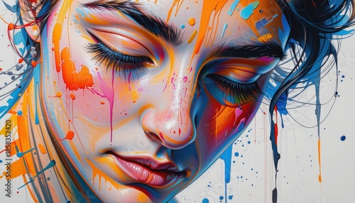 Artistic Portrait with Vibrant Paint Splashes and Expressive Emotions