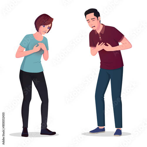 Young Man And Woman Having Chest Pain, People Holding their chest with both hands In Pain, Heart Attack vector Illustration