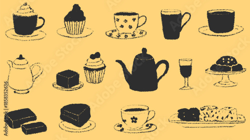 Coffee cup and muffin set in black and white hand-drawn style. Simple vector illustration featuring desserts and beverages.