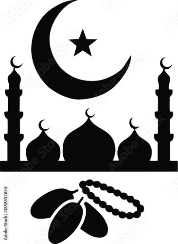 Night silhouette of a mosque minaret with domes in a historic city skyline vector illustration