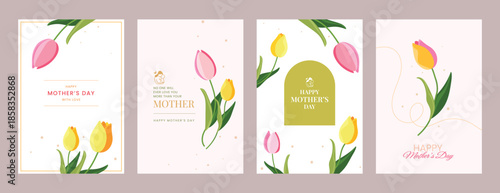 Set of four vertical Mother's Day cards with pink and yellow tulips, elegant gold accents, and inspirational quotes on a light cream background.
