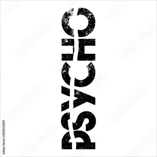 Psycho Vertical Typography T Shirt Design: Distressed Black Letters with Split Effect for Bold Psychological Streetwear