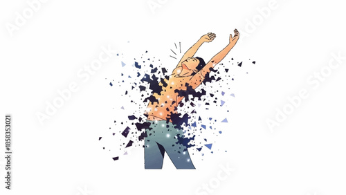 A dynamic illustration of a person jumping with joy surrounded by splashes of color and abstract shapes