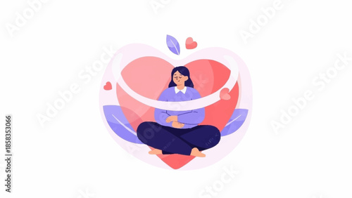 Serene woman meditating inside a heart-shaped container surrounded by floating leaves