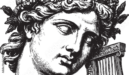 Apollo depicted in a monochrome vector illustration, showcasing a harp within a classical art style. Intricate details highlight this historical representation.