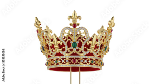 Royal gold crown with gemstones isolated on transparent background