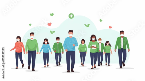 Diverse group of people walking together in a green environment surrounded by hearts and symbols