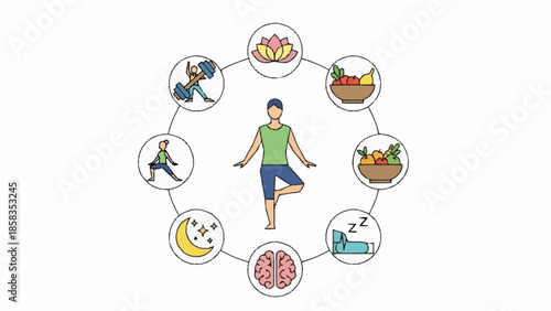 A person practicing yoga surrounded by elements of a healthy lifestyle in a serene environment