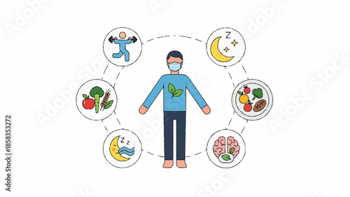 Person in blue attire surrounded by icons representing healthy lifestyle and wellness