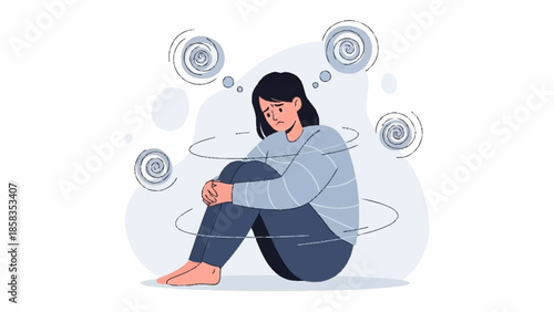 A young woman sitting on the floor, surrounded by swirling thoughts and emotions, conveying a sense of distress and contemplation