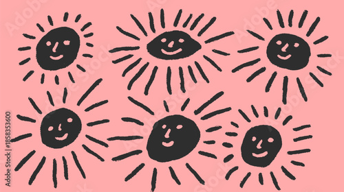 Sun faces with smiles on a pink background. Simple vector illustration for a creative art set.