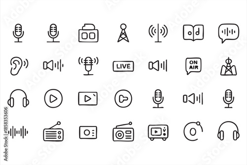 Black and White Microphone and Audio Outline Icons Set