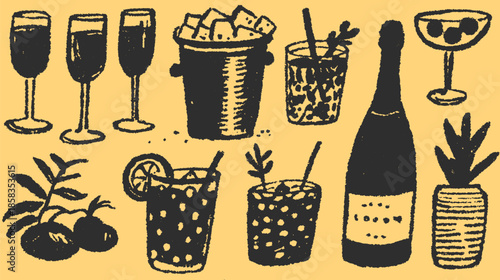 Collection of drinks including cocktails, champagne, and garnishes. Hand-drawn vector illustration showcasing a colorful set of beverages.