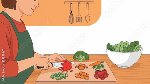 Woman preparing vegetables on a kitchen counter with various utensils nearby
