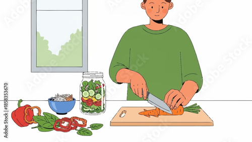Man preparing fresh vegetables on a kitchen counter with a knife and various ingredients nearby.